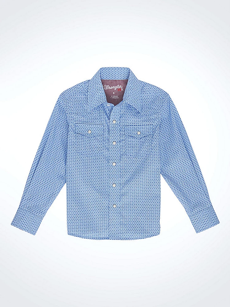 Boy's Wrangler® 20X® Advanced Comfort Western Snap Print Shirt Sky Blue Zigzag