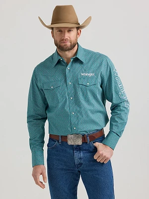 Men's Wrangler® Logo Long Sleeve Western Snap Shirt Rich Turquoise