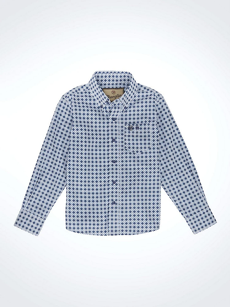 Boy's Classic Button-Down Print Shirt Blue Tiles