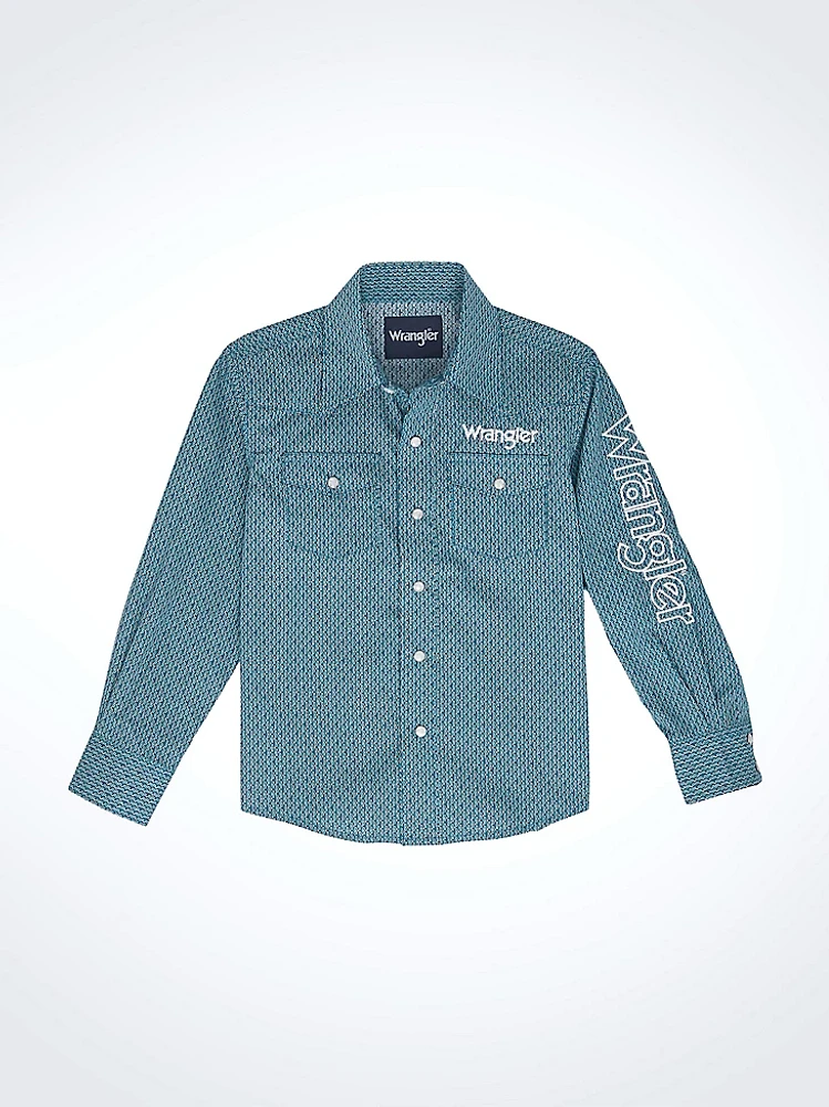 Boy's Wrangler® Logo Long Sleeve Western Snap Shirt Rich Turquoise