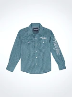 Boy's Wrangler® Logo Long Sleeve Western Snap Shirt Rich Turquoise