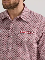 Men's Wrangler® PBR® Logo Long Sleeve Print Western Snap Shirt Red Rodeo