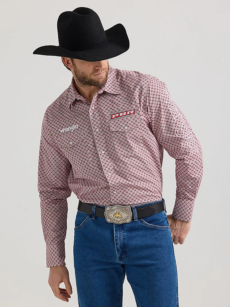 Men's Wrangler® PBR® Logo Long Sleeve Print Western Snap Shirt Red Rodeo