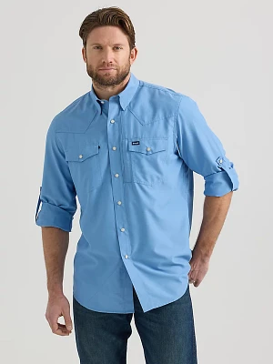 Men's Wrangler Performance Snap Long Sleeve Solid Shirt Sky Blue