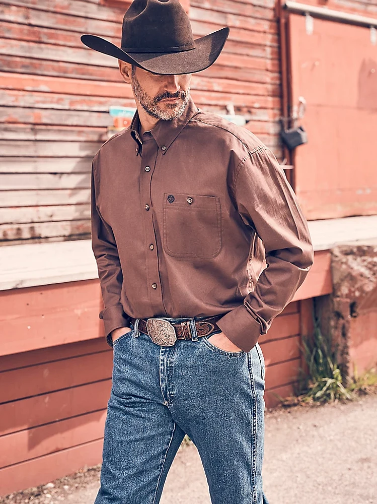 Wrangler® George Strait™ Long Sleeve Button Down One Pocket Shirt Brown Chocolate