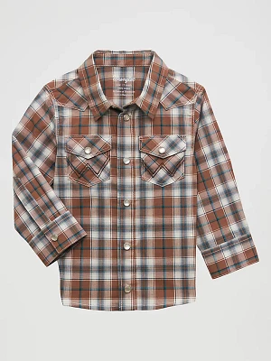 Little Boy Long Sleeve Snap Front Plaid Western Shirt Brown Bark