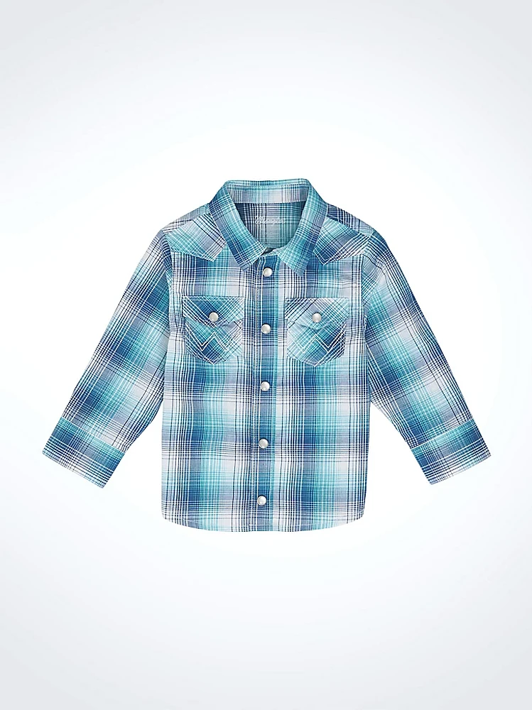 Little Boy Long Sleeve Snap Front Plaid Western Shirt Turquoise Blues