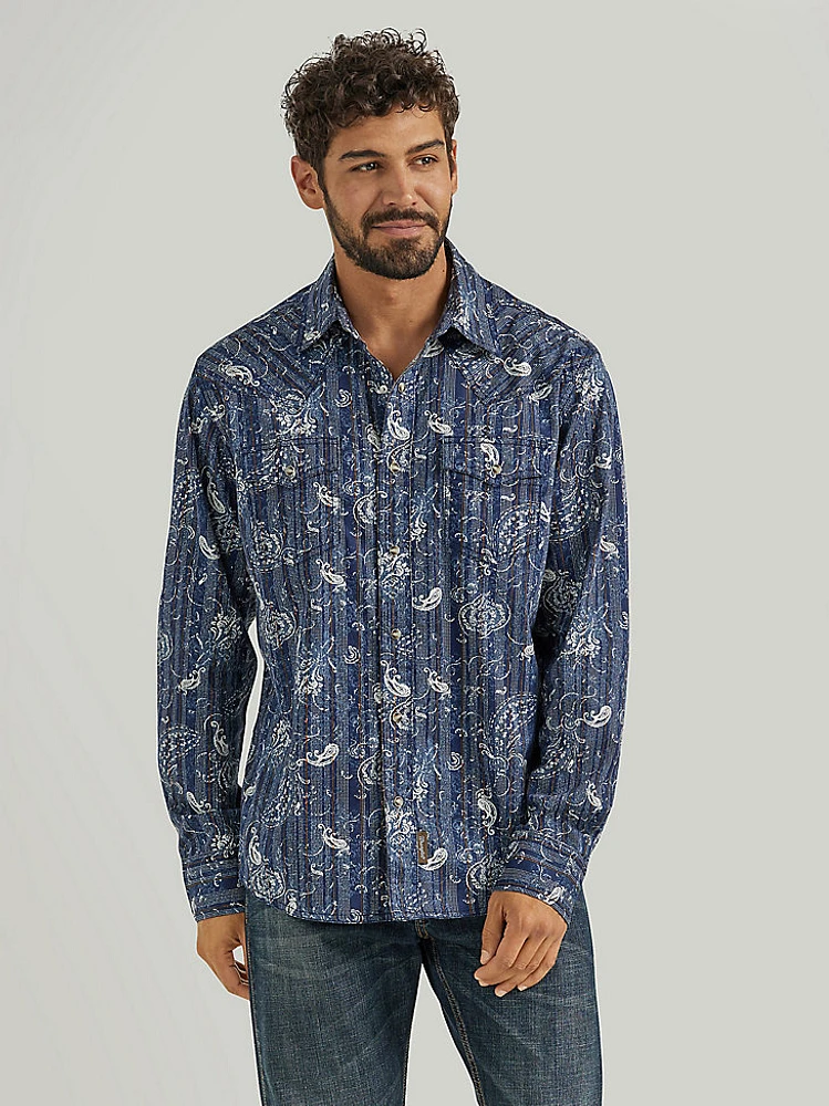 Men's Wrangler® Retro® Premium Long Sleeve Western Snap Printed Shirt Indigo Paisley