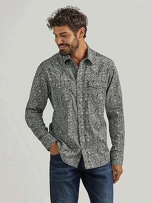 Men's Wrangler® Retro® Premium Long Sleeve Western Snap Printed Shirt Paisley Navy