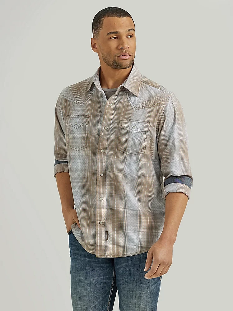 Men's Wrangler Retro® Premium Long Sleeve Western Snap Plaid Shirt Tan Blue