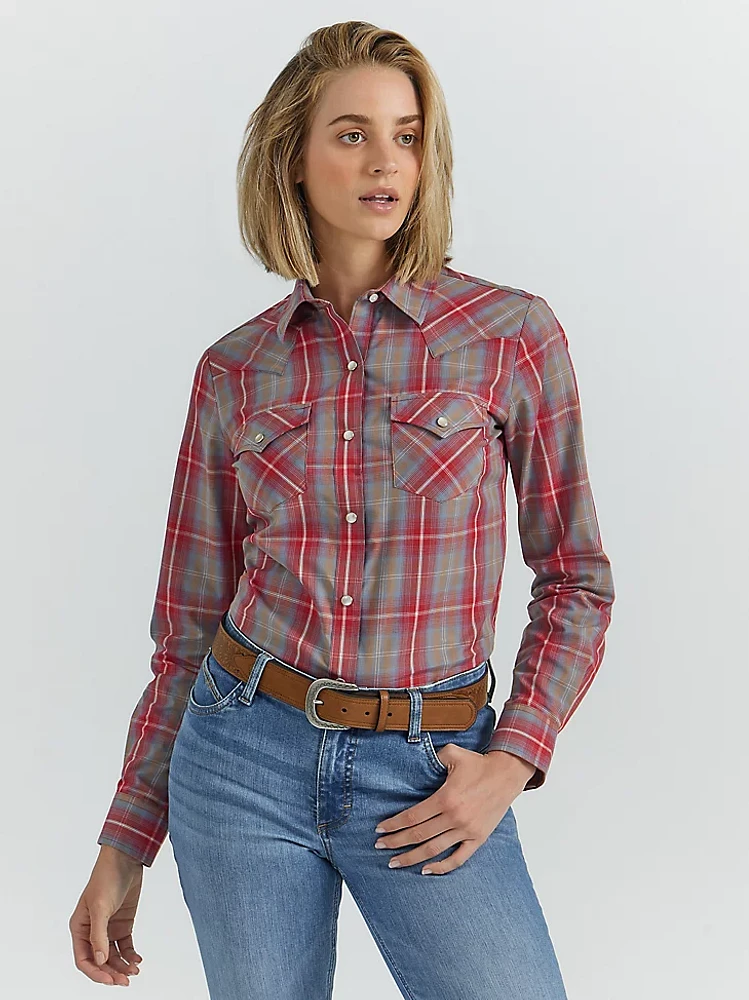 Women's Essential Long Sleeve Plaid Western Snap Top Red Grey