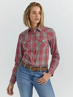 Women's Essential Long Sleeve Plaid Western Snap Top Red Grey