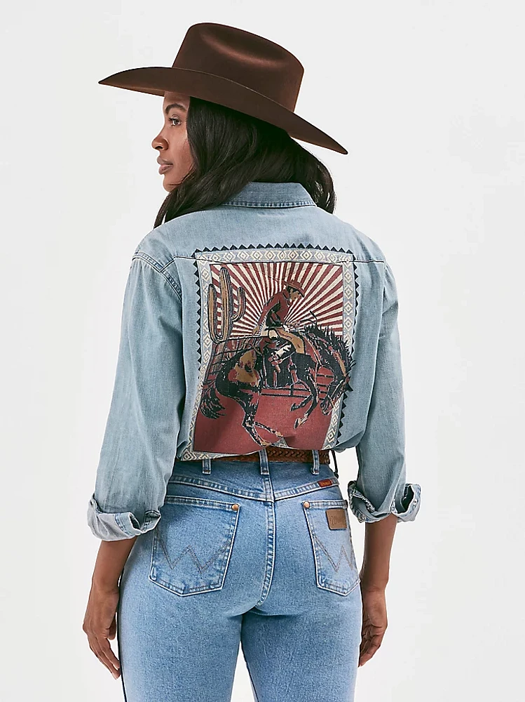 Women's Rodeo Poster Denim Western Snap Shirt Light