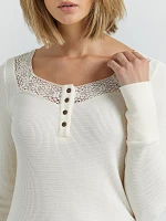 Women's Lace Waffle Henley Cream