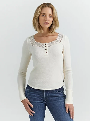 Women's Lace Waffle Henley Cream