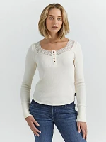 Women's Lace Waffle Henley Cream