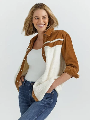 Women's Corduroy Yoke Sherpa Shirt Jacket Caramel