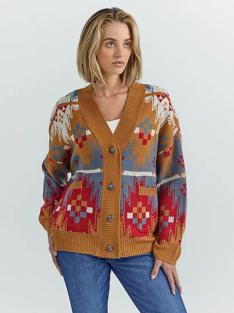 Women's Western Pattern Cardigan Sweater Caramel