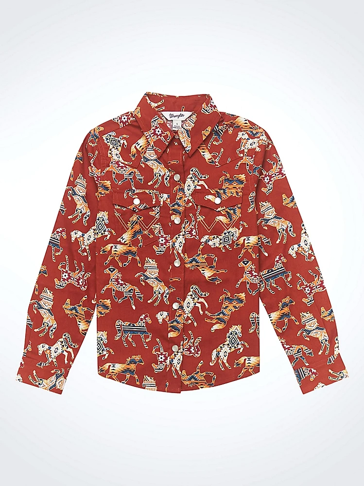 Girl's Long Sleeve Cowgirl Horse Print Western Snap Shirt Red Multi