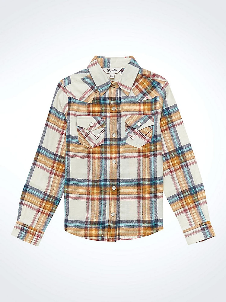 Girl's Long Sleeve Flannel Plaid Western Snap Shirt White Multi