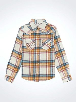 Girl's Long Sleeve Flannel Plaid Western Snap Shirt White Multi