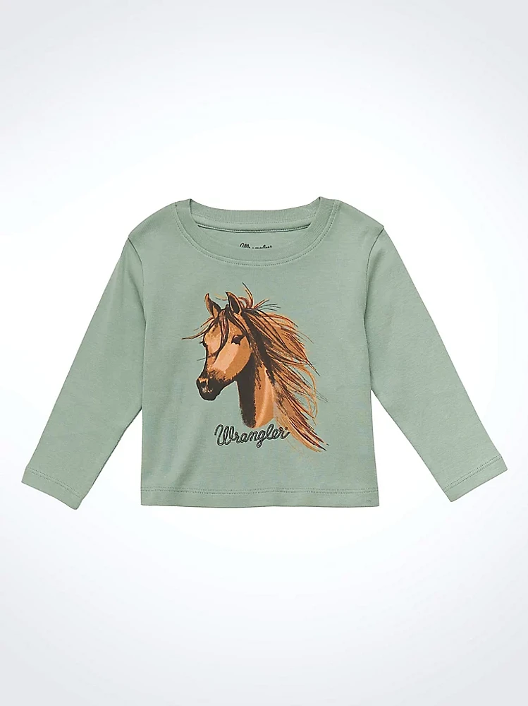 Little Girl's Long Sleeve Horse Graphic T-Shirt in Green