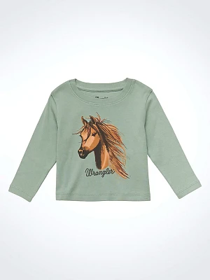 Little Girl's Long Sleeve Horse Graphic T-Shirt in Green