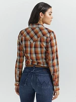 Women's Essential Long Sleeve Plaid Western Snap Top Harvest Orange