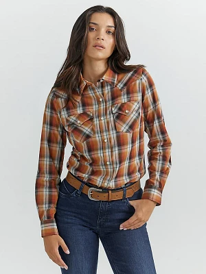 Women's Essential Long Sleeve Plaid Western Snap Top Harvest Orange