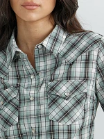 Women's Essential Long Sleeve Plaid Western Snap Top Seafoam