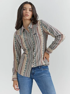 Women's Wrangler Retro® Long Sleeve Southwestern Stripe Western Snap Shirt Pink Blue