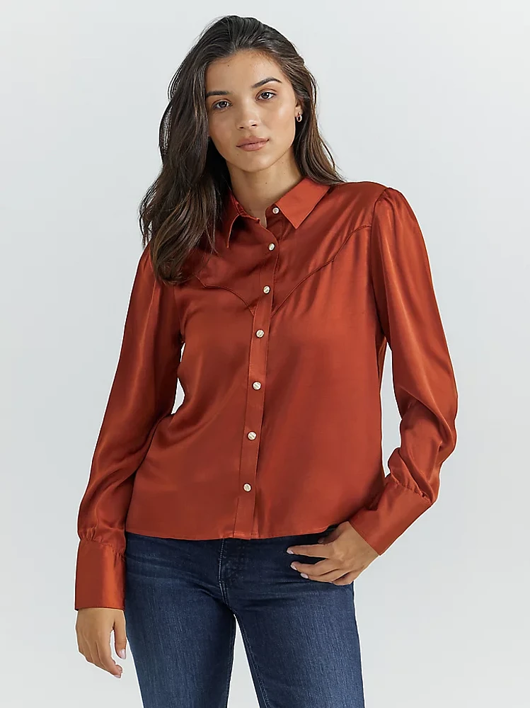 Women's Satin Rodeo Blouse Burnt Orange