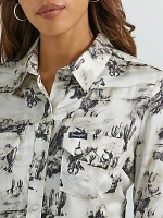 Women's Wrangler Bold Bucking Cowboy Western Snap Shirt Birch