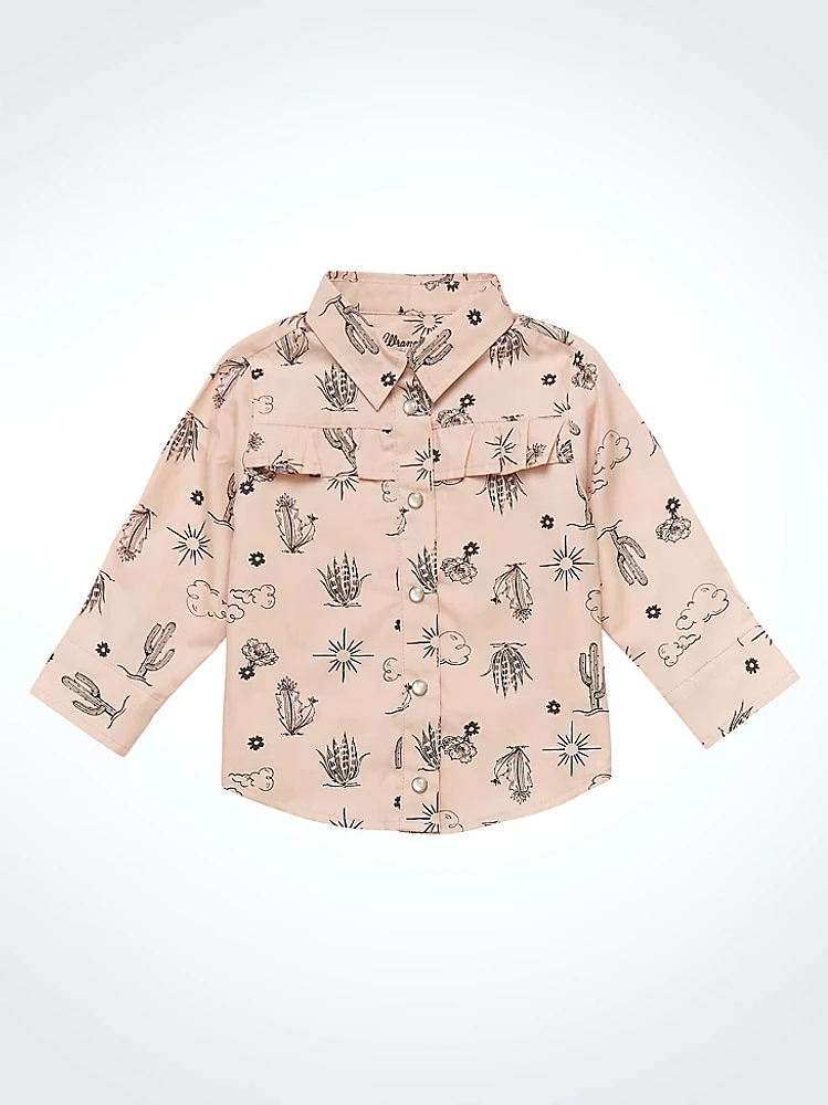 Little Girl's Ruffle Yoke Print Western Snap Shirt Pink