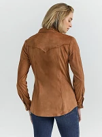 Womens Suede Rodeo Snap Shirt:Brown:M