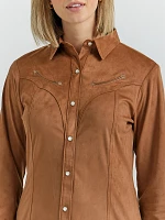 Womens Suede Rodeo Snap Shirt:Brown:M