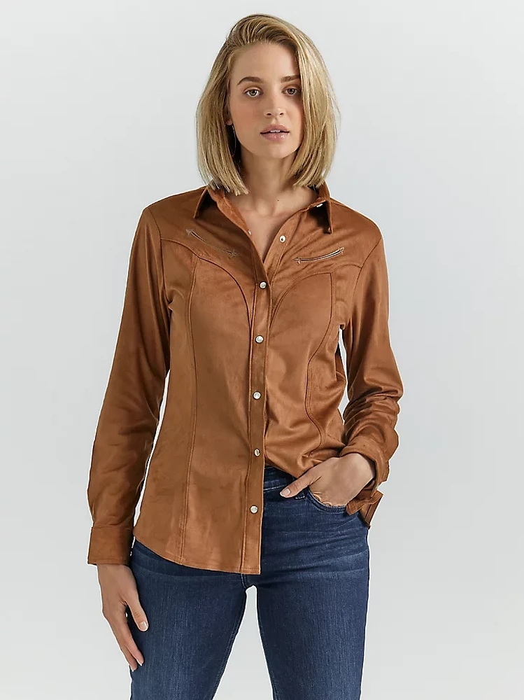 Womens Suede Rodeo Snap Shirt:Brown:M