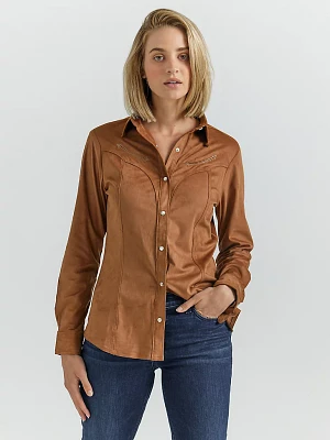 Womens Suede Rodeo Snap Shirt:Brown:M