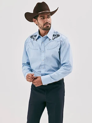 Wrangler® Rodeo Ben Western Snap Shirt Light Blue Embroidery