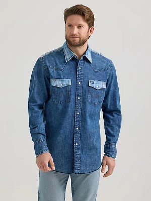 Vintage-Inspired Western Snap Workshirt Medium Wash