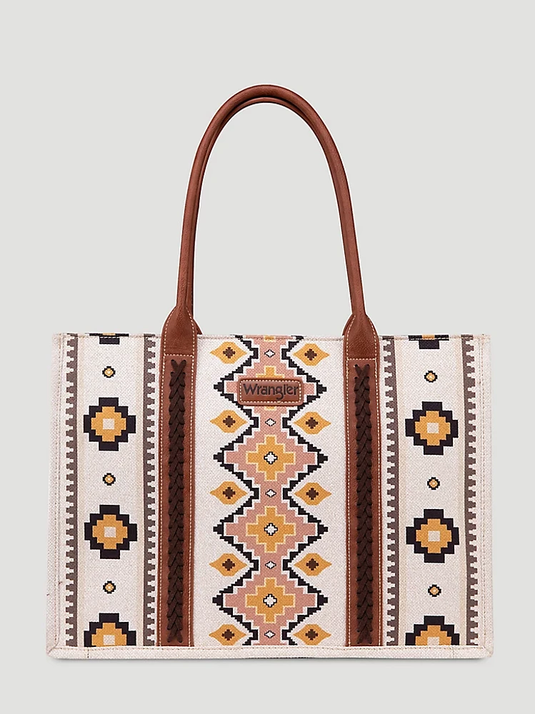 Southwestern Print Canvas Wide Tote in Coffee