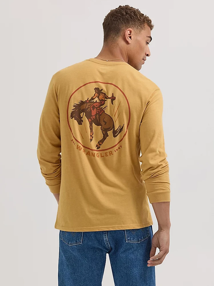 Men's Long Sleeve Cowboy Back Graphic T-Shirt Pale Gold Heather