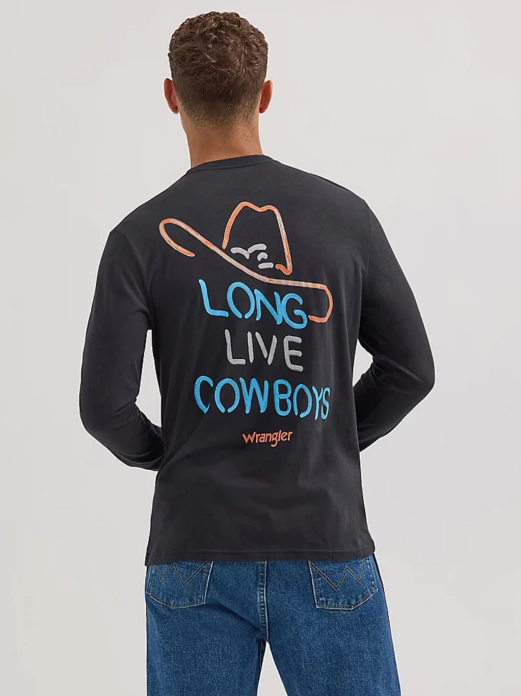 Men's Long Sleeve Cowboy Back Graphic T-Shirt Jet Black