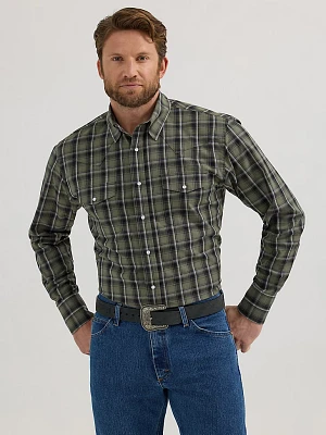 Men's Wrinkle Resist Long Sleeve Western Snap Plaid Shirt Army Green