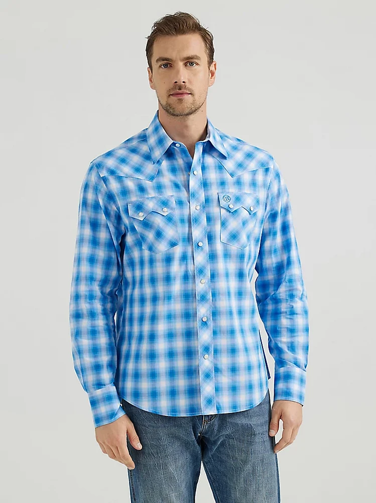 Men's Wrangler Retro® Long Sleeve Sawtooth Snap Pocket Western Shirt Arctic Blue