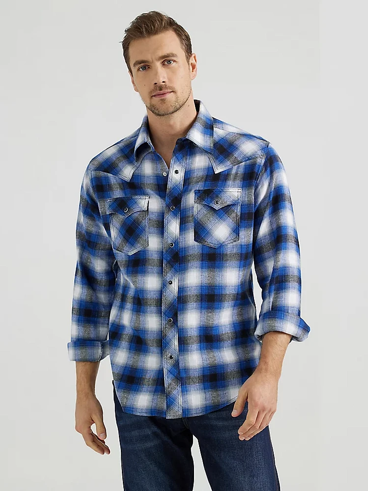 Men's Wrangler Retro® Long Sleeve Flannel Western Snap Plaid Shirt Bleu