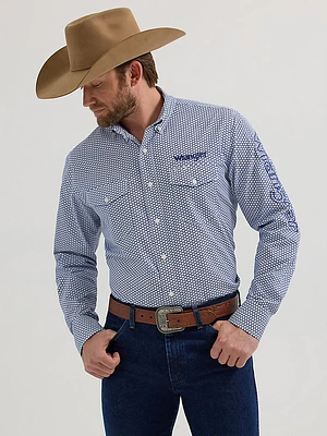 Men's Wrangler® Logo Long Sleeve Western Snap Print Shirt Navy Honeycomb