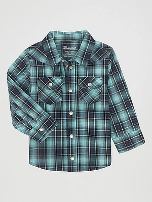 Little Boy Long Sleeve Snap Front Plaid Western Shirt Teal Dream