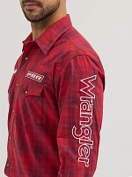 Men's Wrangler® PBR® Logo Long Sleeve Plaid Western Snap Shirt Cherry Red