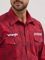 Men's Wrangler® PBR® Logo Long Sleeve Plaid Western Snap Shirt Cherry Red